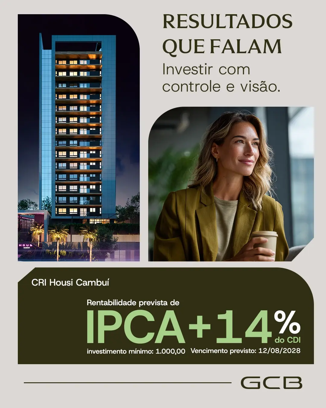 Peça de resultado da GCB com informação de rentabilidade em destaque.