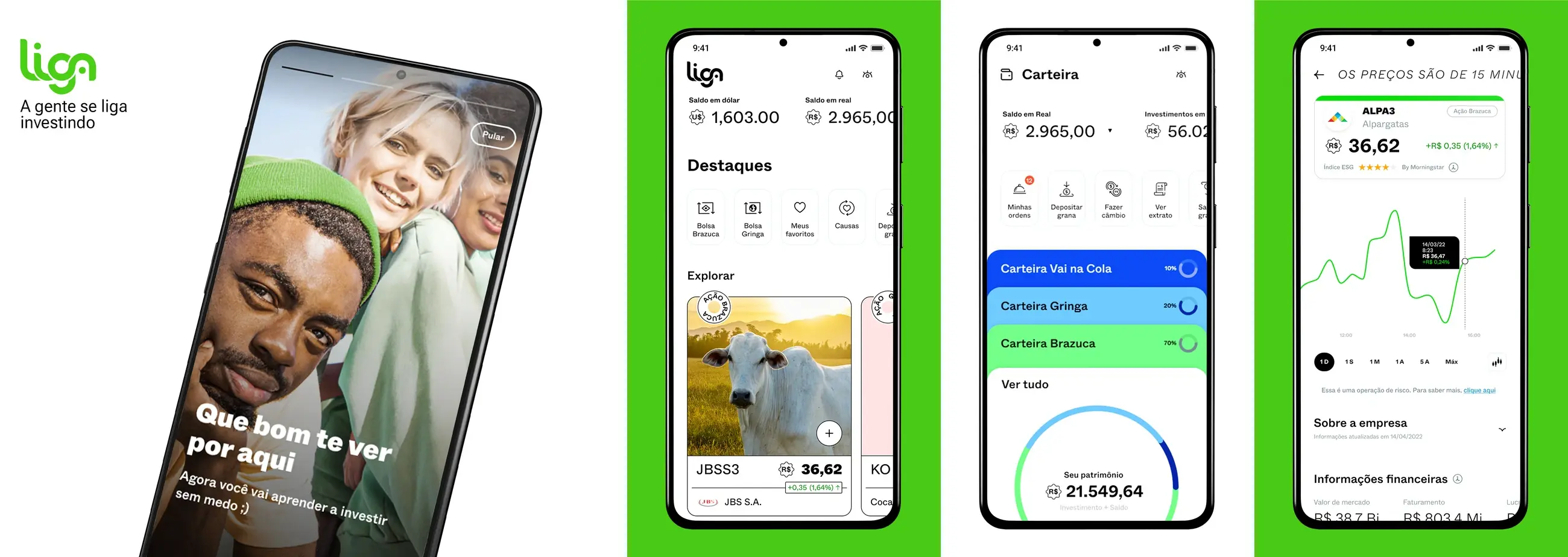Experiência digital da Liga Invest organizada em telas de produto.