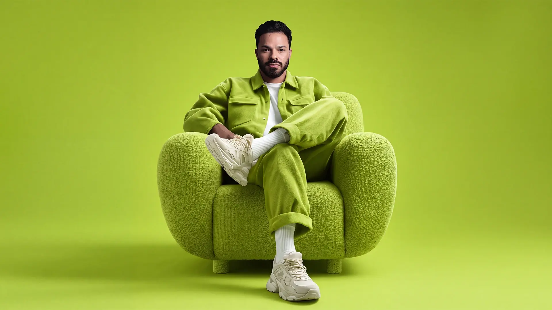 Samuel Sposito sentado em uma poltrona em seu ambiente criativo
